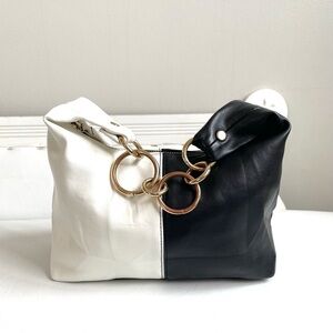 BLACK WHITE COLOUR BLOCK HOBO BAG TOTE ZIPPER GOLD METAL CHUNKY CHAIN STRAP